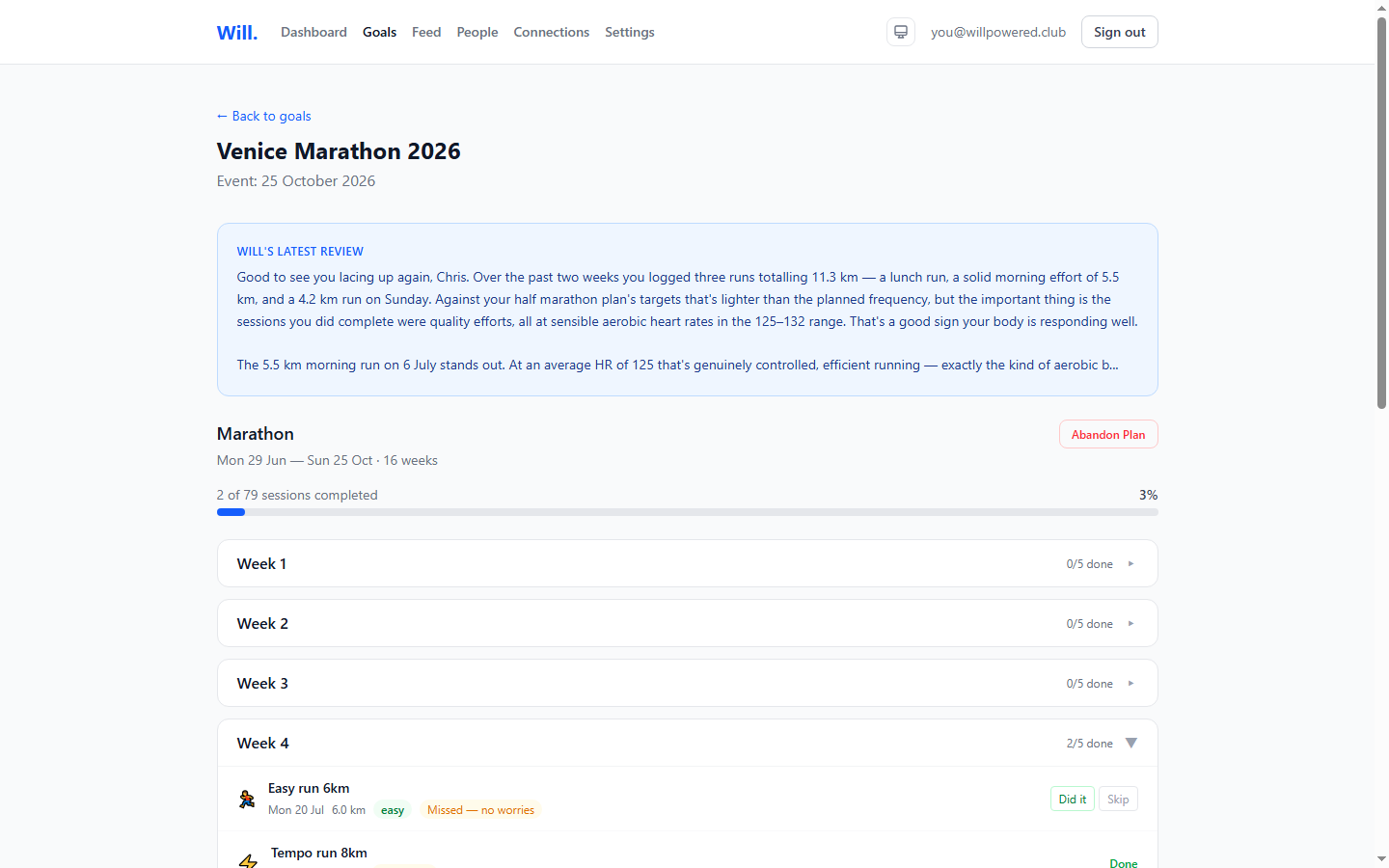 An adaptive marathon training plan with Will's review